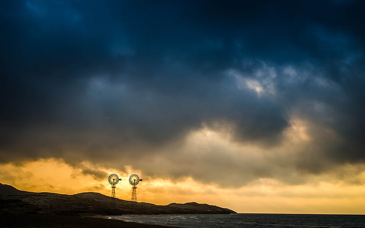 coast, sea, windmill, clouds, wind farm, overcast, sky, cloud - sky, HD wallpaper