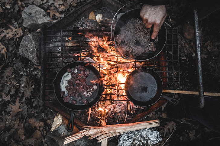 black charcoal griller, fire, camping, nature, food, meat, wood