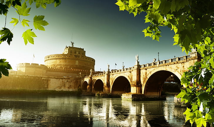 Rome city, Italy, Nature, landscape, river, water, leaves, sky, HD wallpaper