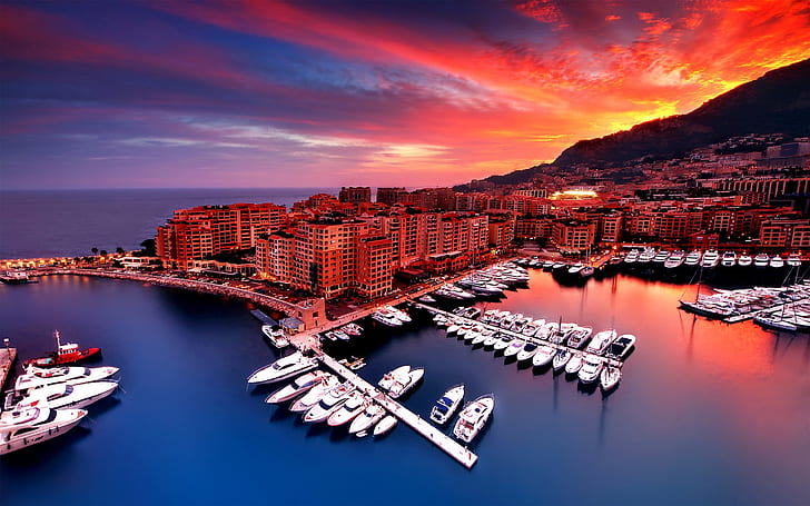 Monaco, sunset, city, house, bay, boats, docked motorboats