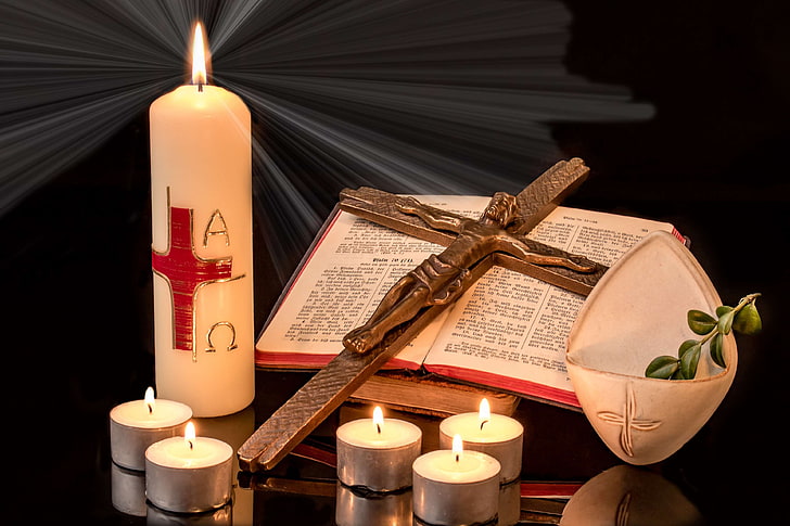 Easter candles with handmade wooden Cross 