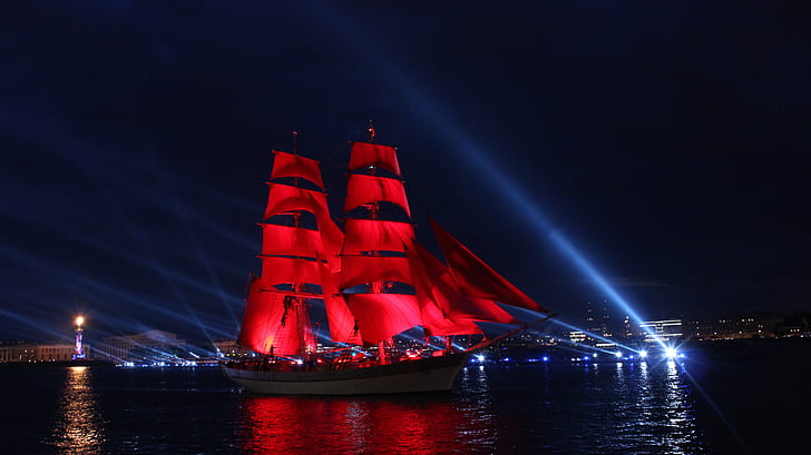 Night, Ship, Saint Petersburg, Scarlet sails, Prom, HD wallpaper