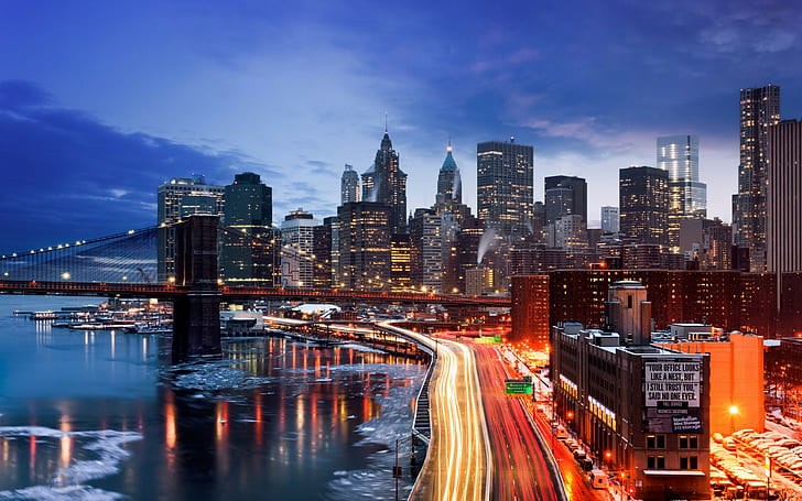 US city, New York, Manhattan, lights, winter, evening, HD wallpaper