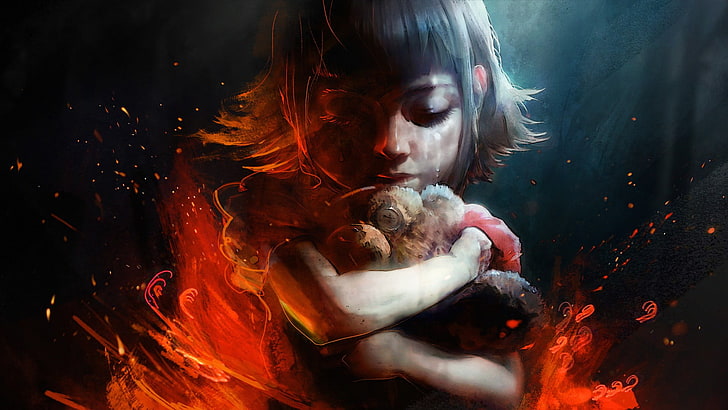 girl hugging plush toy painting, League of Legends, Annie (League of Legends), HD wallpaper