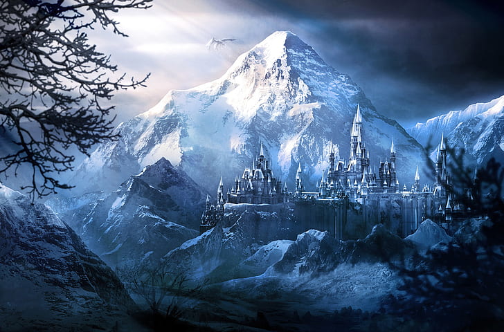 Fantasy, City, Dragon, Mountain, Sunbeam, Winter, HD wallpaper
