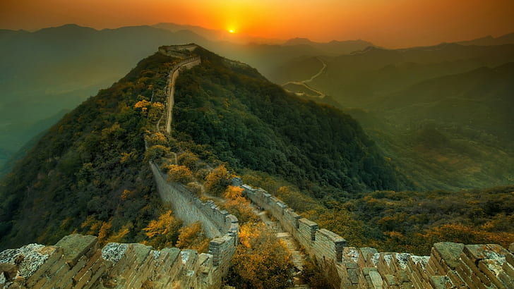 sunset, hills, Great Wall of China, nature, architecture