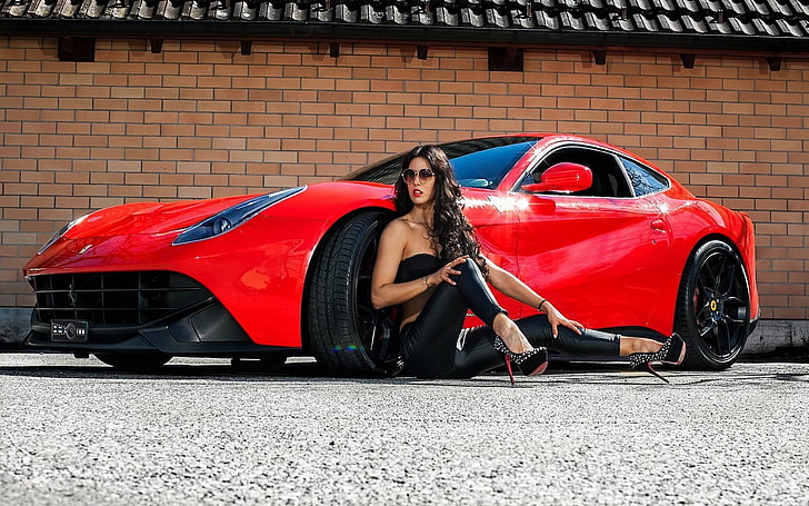 red Ferrari sports car, women, brunette, high heels, Super Car