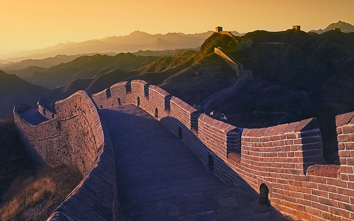 landscape, Great Wall of China, architecture, hills, sunset, HD wallpaper