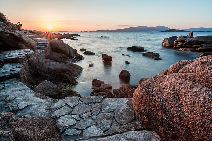 rock, sea, Corsica, nature, solid, sky, rock - object, sunset, HD wallpaper
