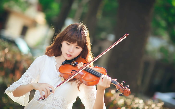 Asian girl, violin, music, sunlight