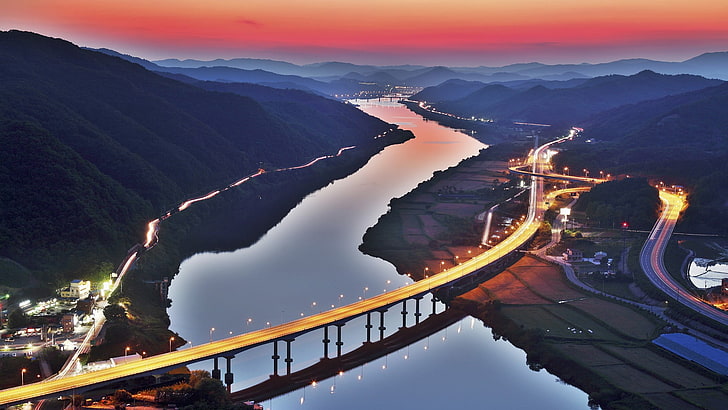gold bridge, city, South Korea, river, light trails, hills, sunset
