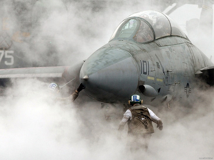 gray fighter aircraft, smoke, military aircraft, F-14 Tomcat, HD wallpaper