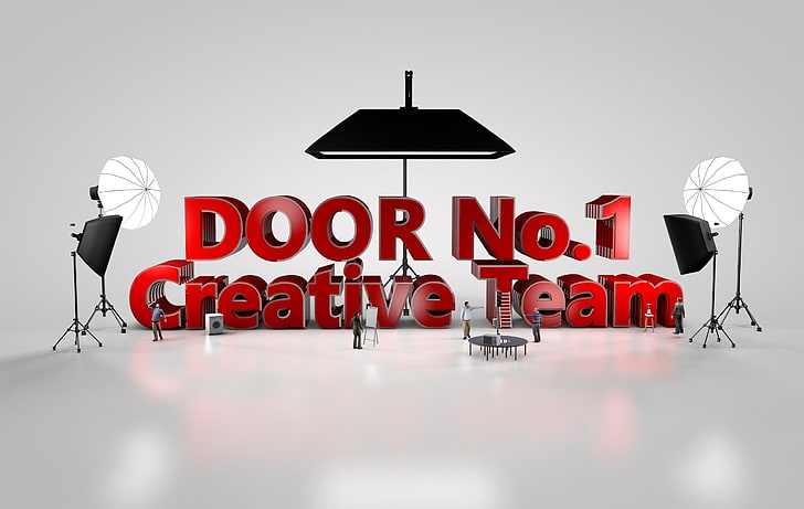 door, team, creativity, 3D, red, western script, communication