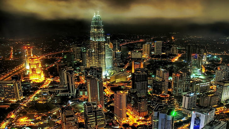 Kuala Lumpur At Night Hdr, clouds, skyscrapers, lights, city, HD wallpaper