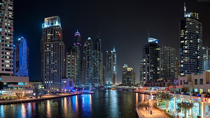 concrete building lot, landscape, Dubai, city, night, cityscape, HD wallpaper