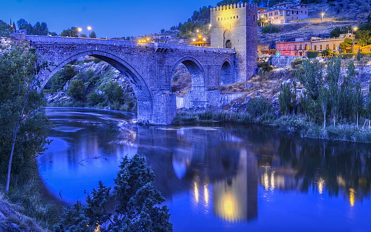 Toledo, Spain, river, bridge, evening, lights, hillside house, HD wallpaper