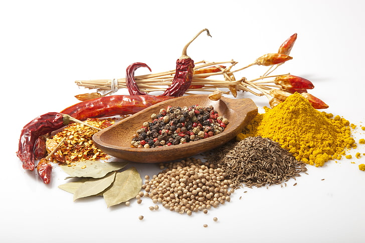 assorted spices, bowl, Bay leaf, black pepper, red pepper, curry