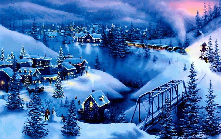 Christmas village painting, Holiday, Artistic, Snow, Winter, nature, HD wallpaper