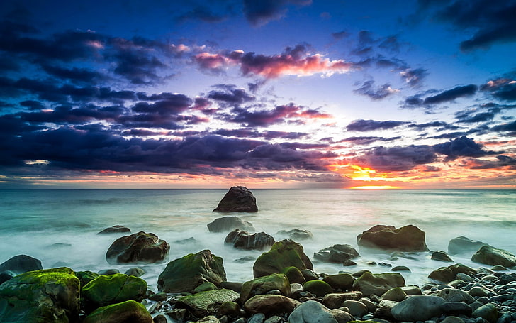 beach, sunset, sky, sunlight, clouds, sea, water, rock, beauty in nature, HD wallpaper