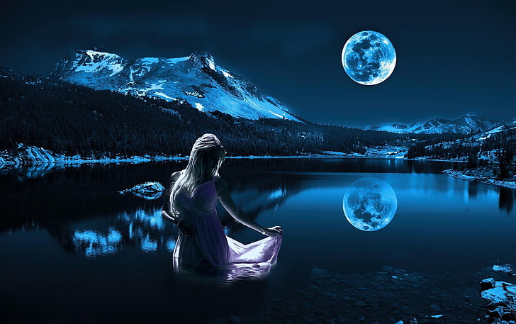 women, fantasy art, water, night, one person, nature, moon