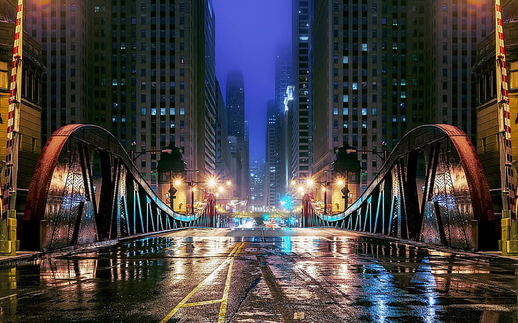 Chicago, Illinois, USA, city, bridge, road, lights, skyscrapers, buildings, night, HD wallpaper