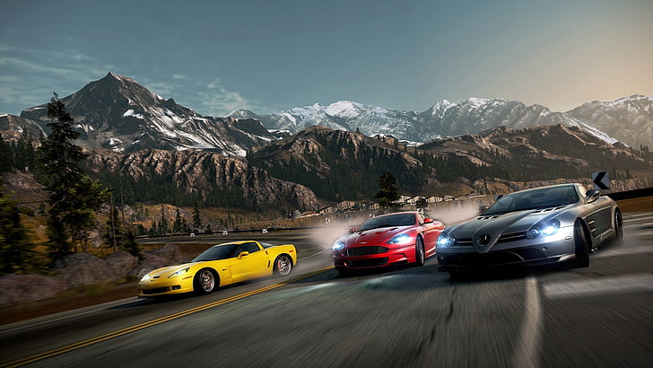 three gray, red, and yellow sports cars wallpaper, road, race