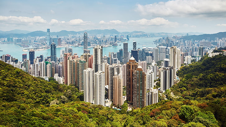 aerial photography of cityscape near river, Hong Kong, building, HD wallpaper