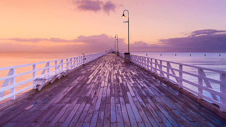 gray and white wooden dock, water, pier, sea, dusk, purple sky, HD wallpaper