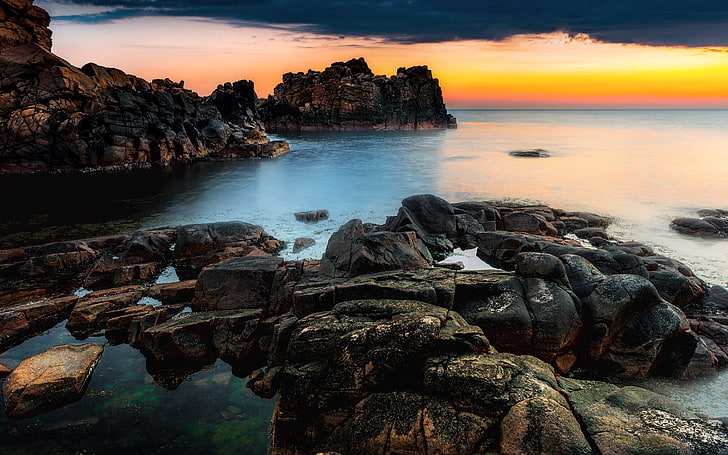 gray rocks, water, coast, sky, sea, nature, sunset, solid, rock - object, HD wallpaper