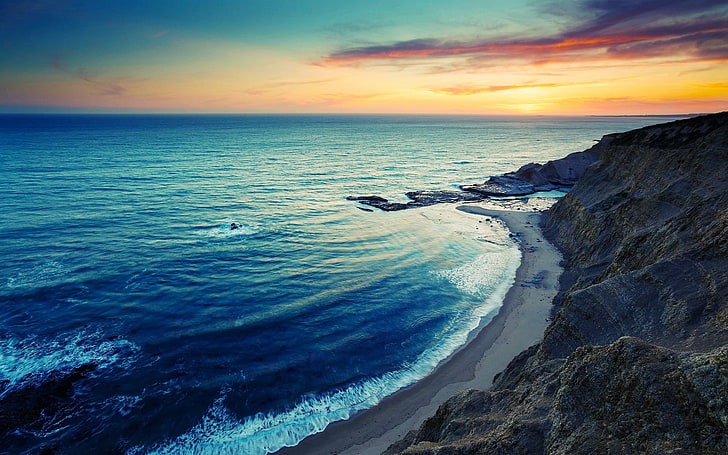 low-angle photography of seashore photo, nature, rock, sunset
