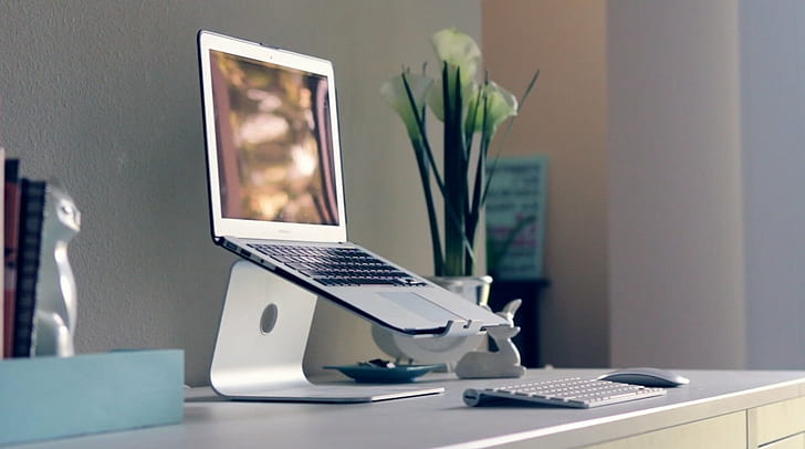 photo of turned on MacBook Air with stand near Magic keyboard and Magic Mouse, HD wallpaper