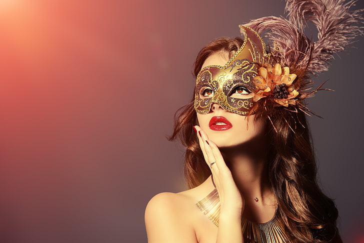 brown and gold floral masquerade mask, look, girl, background