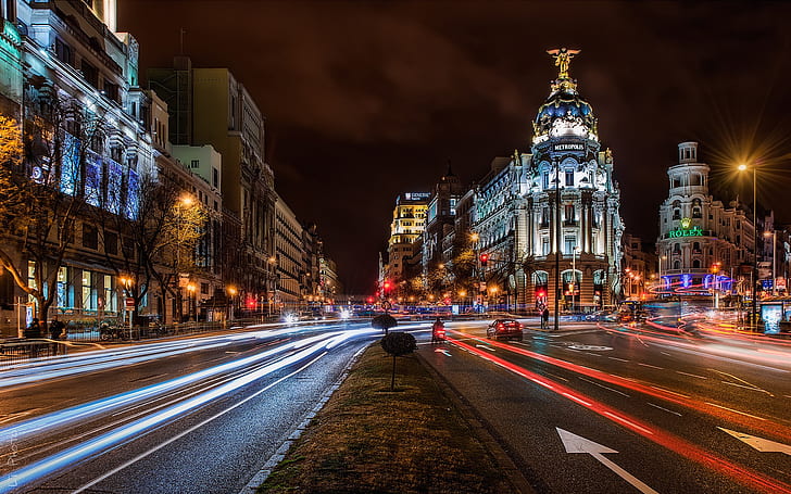 Madrid, Spain, city, night, buildings, road, lights, HD wallpaper