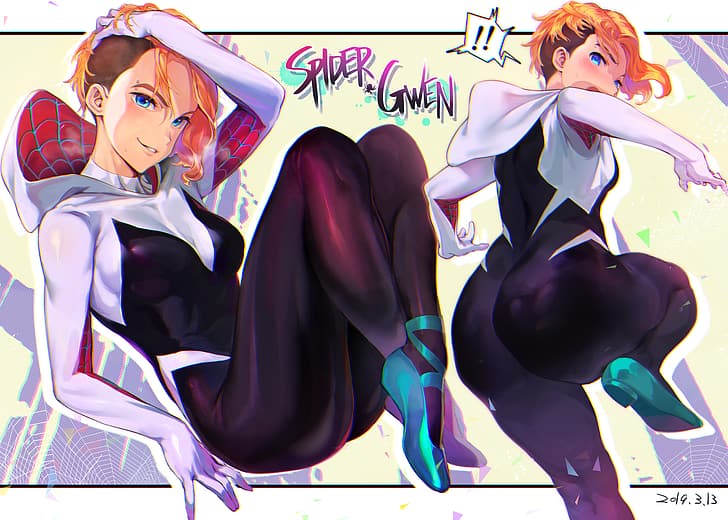 Spider Gwen, blonde, short hair, ass, aqua eyes, skin-tight, HD wallpaper