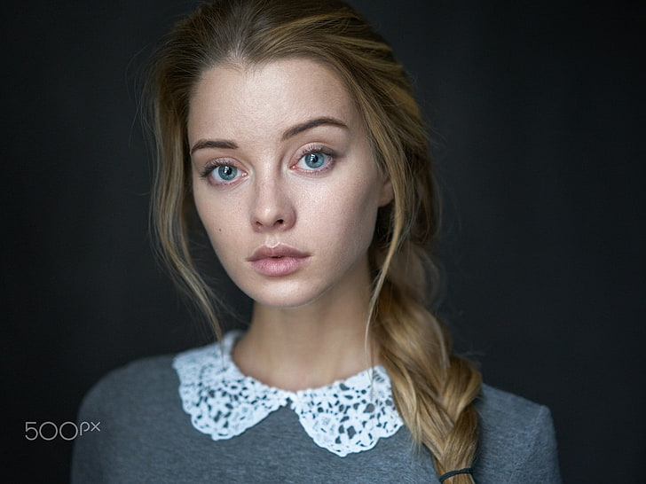 women, face, blonde, blue eyes, portrait, simple background