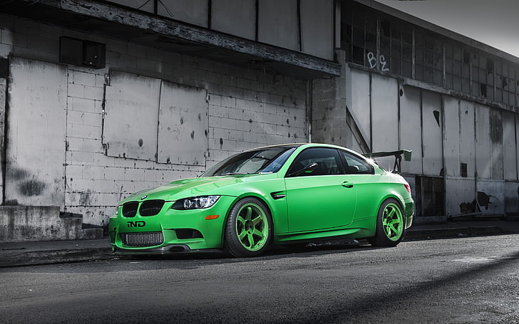 green BMW coupe, car, rims, selective coloring, mode of transportation, HD wallpaper