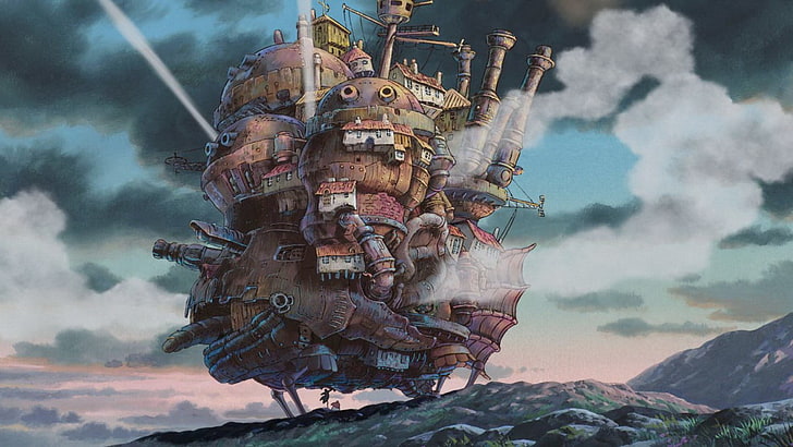 brown flying ship illustration, Studio Ghibli, Howl's Moving Castle