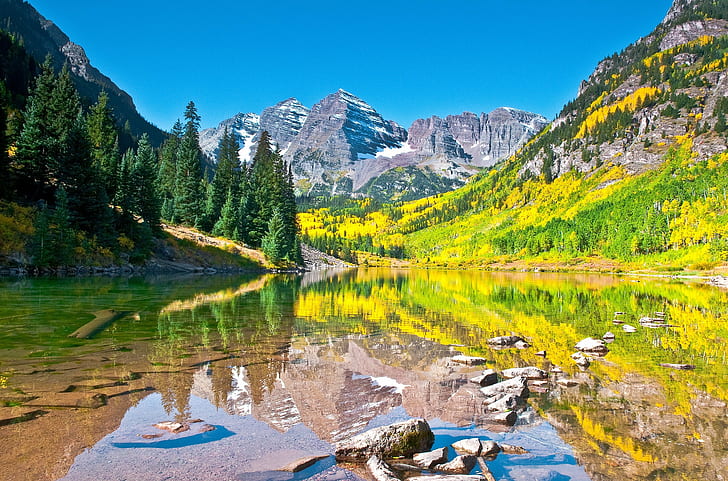 aspen, autumn, bells, colorado, forest, lake, maroon, mountains, HD wallpaper