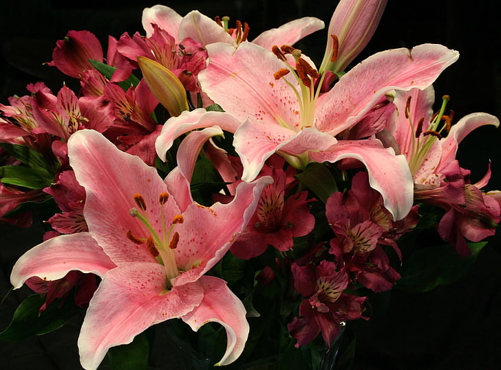 pink petaled flower centerpiece, lilies, alstroemeria, flowers