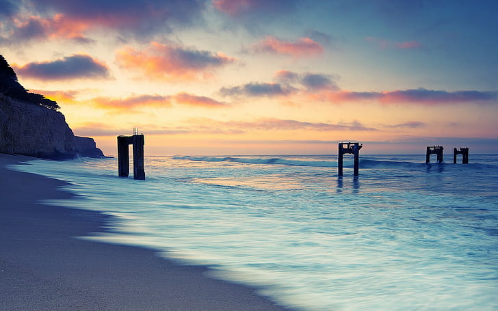 sunset, sea, nature, sky, calm, horizon, beach, waves, sand, HD wallpaper
