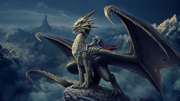 dragon digital wallpaper, dragon on boulder, fantasy art, Mythologic
