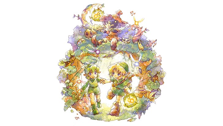 Link, Saria, skull kid, The Legend of Zelda, watercolor, anime