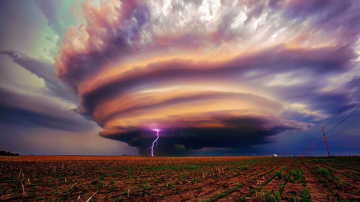 lightning, storm, hurricane, whirlwind, windy, field, HD wallpaper