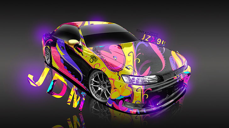 multicolored car clip art, Pink, Yellow, Neon, Toyota, Fantasy