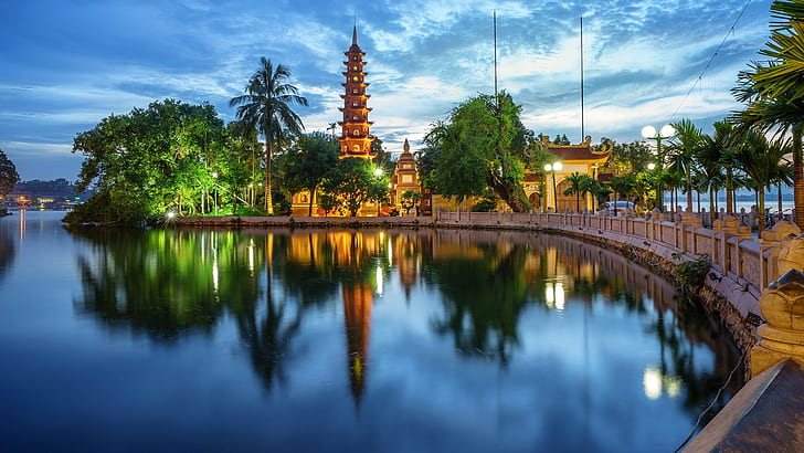 nature, landscape, sky, trees, lights, lake, temple, Vietnam