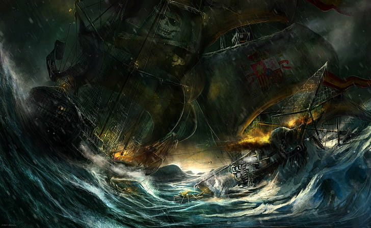 Battle On Stormy Seas, drawing, dark, ship, pirate, boat, fantasy