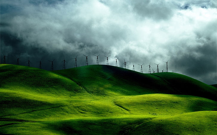 windmill lot, green, hills, wind farm, sky, cloud - sky, environment, HD wallpaper