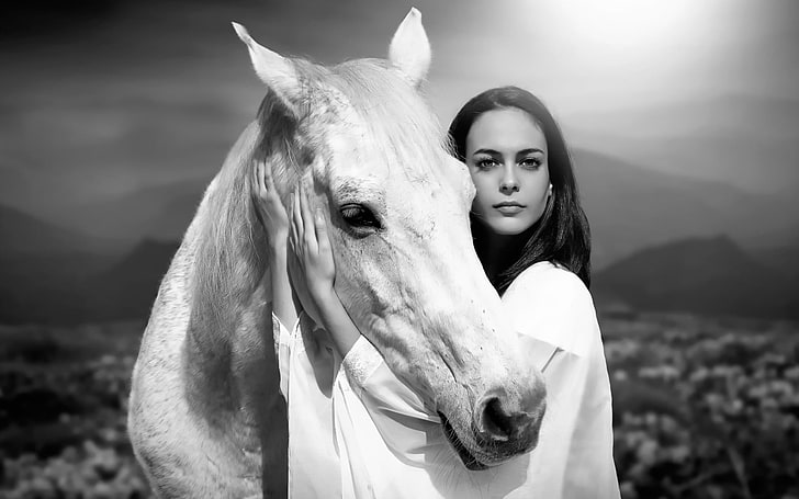 monochrome, women, horse, model, animals, women with horse, HD wallpaper