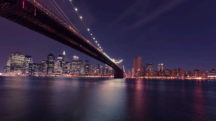 bridge, night, cityscape, city lights, brooklyn bridge, new york