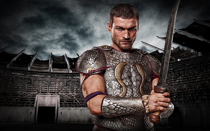 Gladiator movie still, warrior, Spartacus, sand and blood, SWORD